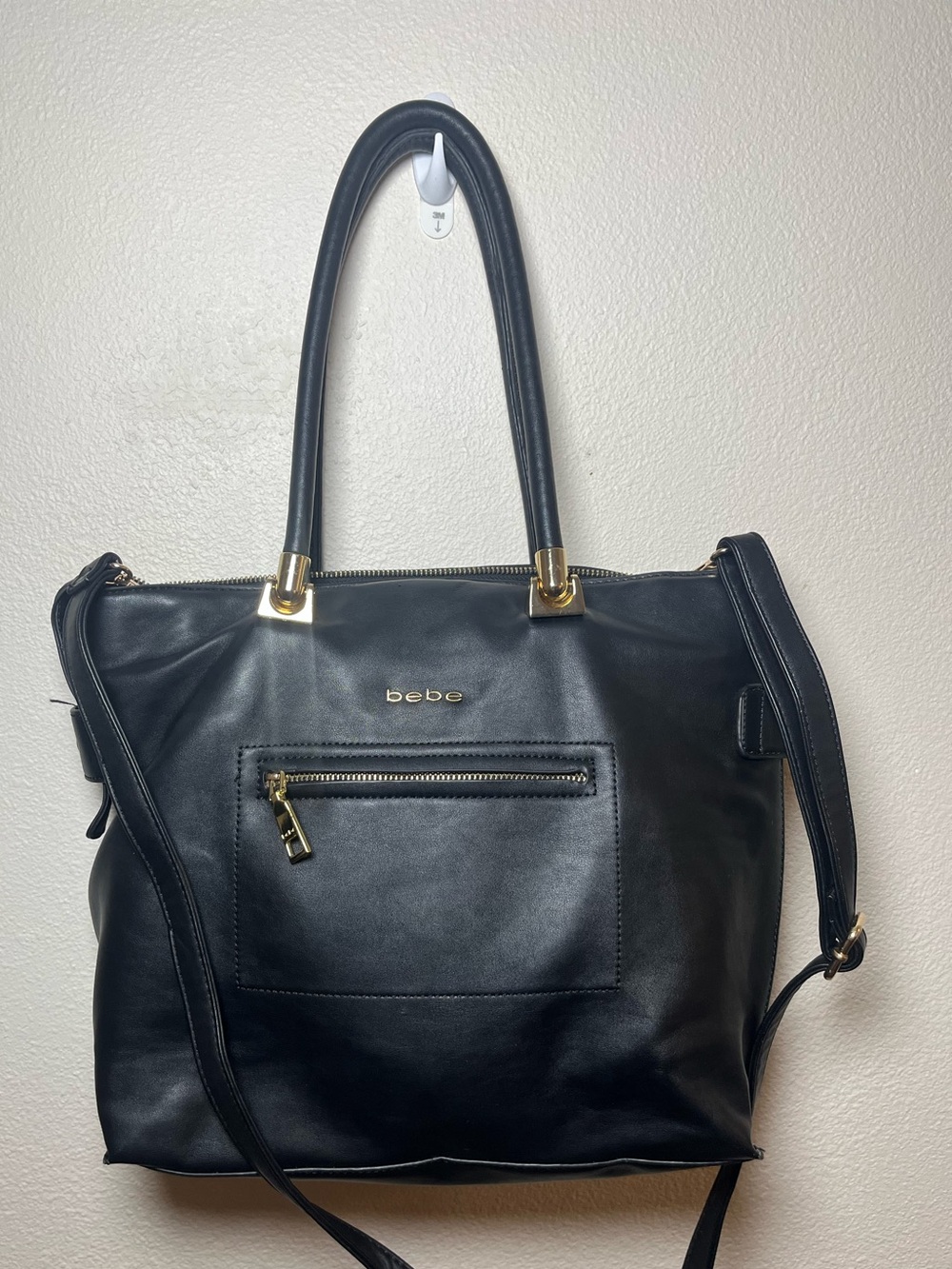 bebe Black Leather Shoulder Tote with Gold Hardware